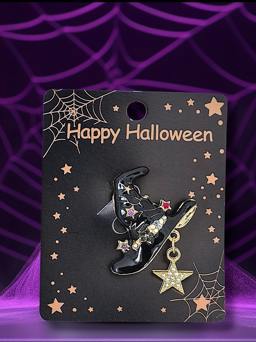 Black Witch's Hat Brooch Pin with Star Charm & Multicolored Crystals
